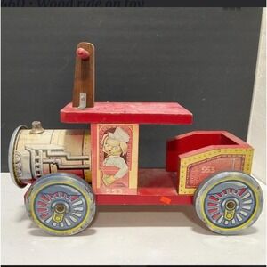 Vintage Wood Metal Ride On Train Toy Litho Puppy Engineer Locomotive 553 Red